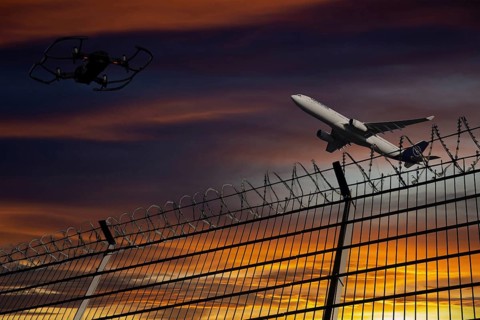 (Photomontage) Drone and Lufthansa aircraft taking off in the evening sky