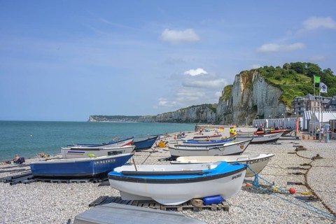 Simple wooden boats on the beach of, Yport, Département Seine-Maritime, France