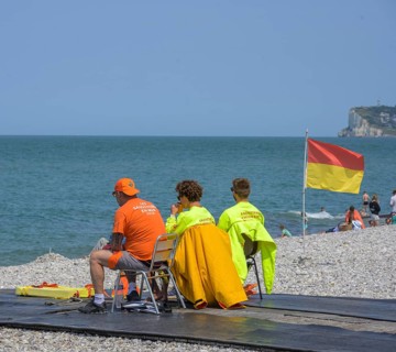Lifeguards on the beach of, Yport, Département Seine-Maritime, France