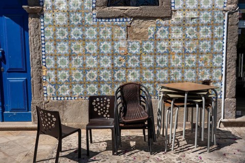 Restaurant furniture, for outdoor catering, tables, chairs, stacked, day off, catering closed, old