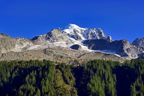 Aiguille des Grands Montets and snow-covered Aiguille Verte, Chamonix-Mont-Blanc, Haute-Savoie,