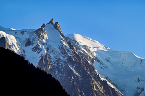 Aiguille du Midi, snow-covered Mont-Blanc on the right in the background, Chamonix-Mont-Blanc,