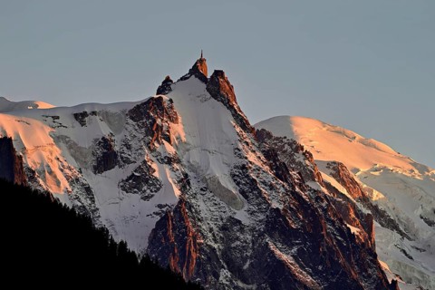From left: snow-covered Aiguille du Midi, Mont-Blanc, Chamonix-Mont-Blanc, Haute-Savoie, France