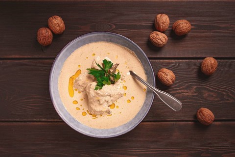 Satsivi, Georgian dish, chicken in nut sauce, cold appetizer, rustic, no people, homemade