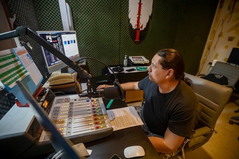 Porcupine, South Dakota - Lucian Little White Man broadcasts on KILI Radio, the voice of the Lakota