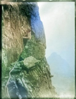 Climber on rocks, Cuillin mountains, Skye, Scotland, UK c 1900-1920 colourised image