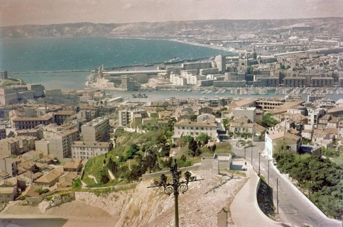 Oblique angle raised view of city centre and port, Vieux Port, Old Port, City of Marseille, France,