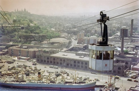 Cable car over port docks and city centre of Barcelona, Spain, Europe 1965