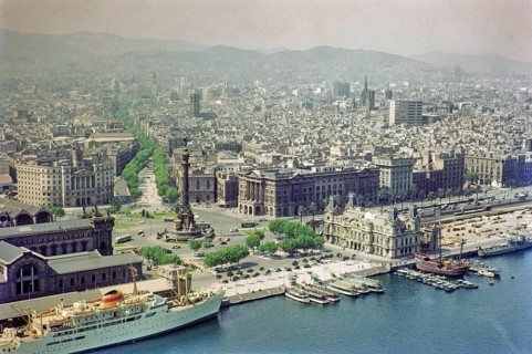 View from cable car to Columbus Monument, Plaça Portal de la Pau, city centre of Barcelona, Spain,