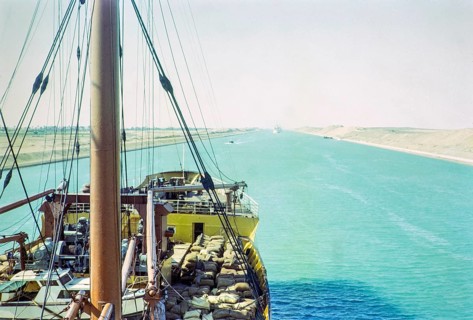 Shipping passing through the Suez Canal photographed onboard a cargo ship, Egypt, norther Africa