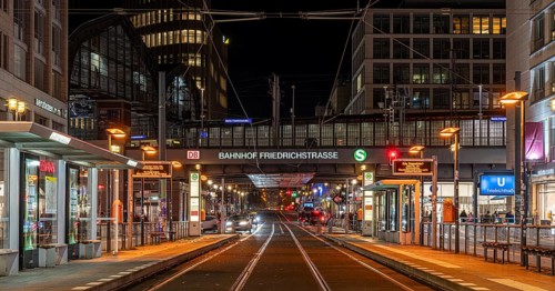 Night shot at the tram line at Friedrichstraße station, stop of lines M1 and M12, Berlin, Germany