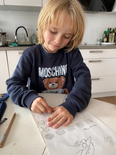Boy, 6 years, blond, 1st grade, erasing, doing homework in the kitchen, pencil case, Stuttgart,