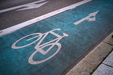 Cycle path, pictogram, logo, labelling, next to road, Stuttgart, Baden-Württemberg, Germany