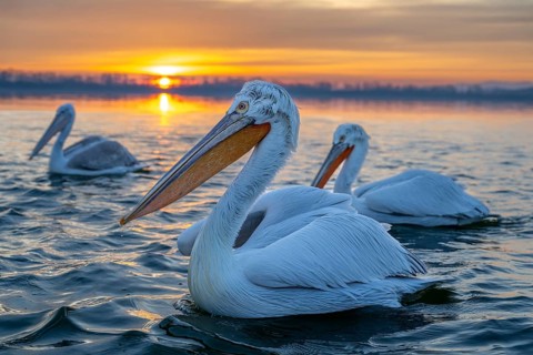 Dalmatian Pelican (Pelecanus crispus), Dalmatian Pelican, swimming at sunrise, Lake Kerkini, Greece