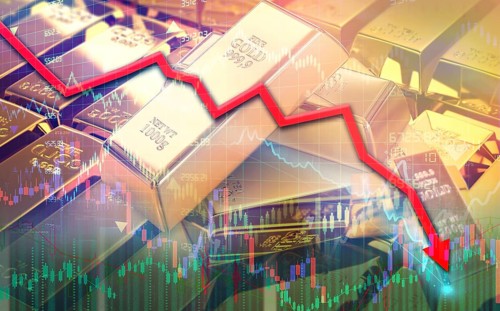Falling gold prices in statistics and market charts. Gold price fall in financial markets