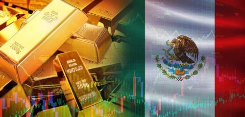Gold bars stacked on Mexican flag. Mexico gold reserves, Concept