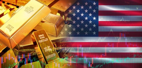 Gold bars stacked on American flag. United States gold reserves, Concept