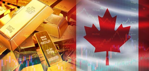 Gold bars stacked on Canadian flag. Canada gold reserves, Concept