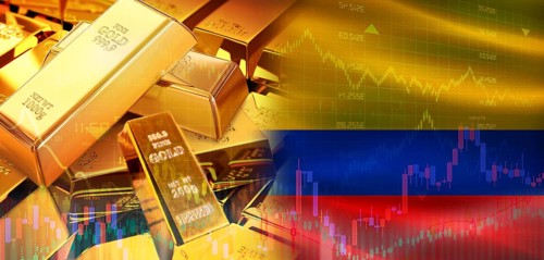 Gold bars stacked on Colombian flag. Colombia gold reserves, Concept