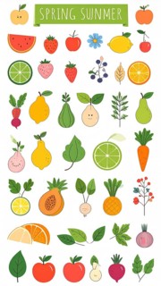Spring and summer fruit and vegetable element set, vector illustration, AI generated