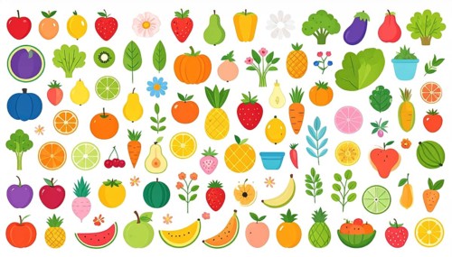 Spring and summer fruit and vegetable element set, vector illustration, AI generated