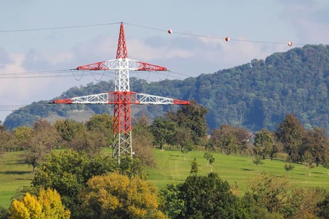 High-voltage pylon with signalling paint in front of the landscape of the Swabian Alb. Kirchheim