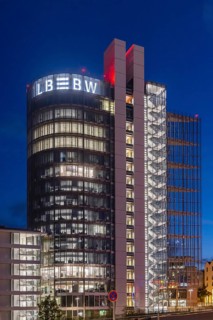 Building in the evening. Landesbank Baden-Württemberg on Heilbronner Straße. The bank's logo on the