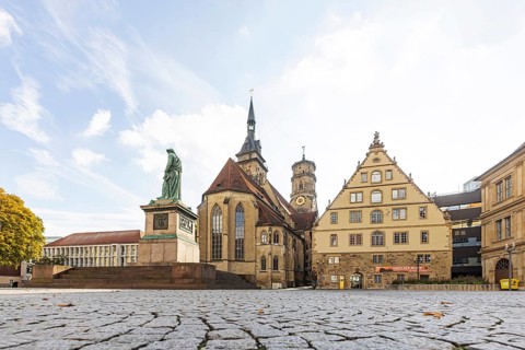 Schillerplatz Stuttgart with collegiate church, Schiller memorial and fruit box. City view of