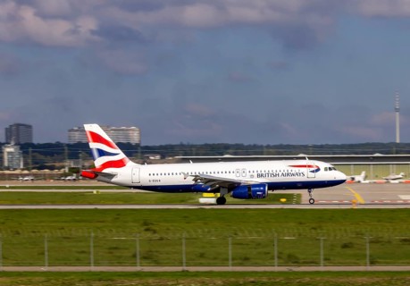 Flight operations at Stuttgart Airport. Aircraft on landing. Aircraft registration G-EUUA, British