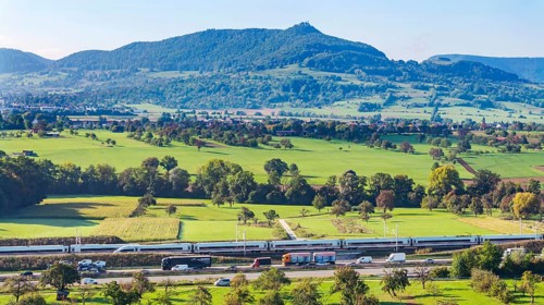 Landscape in the foothills of the Swabian Alb with the new Deutsche Bahn AG railway line from
