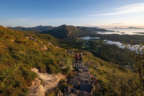Hikers on the Rørsethornet stone staircase, with 3292 steps one of the longest continuous stone
