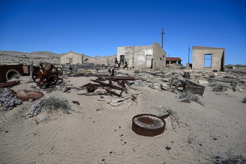 Ruined buildings in the desert sand, Pomona, restricted diamond area, near Lüderitz, Karas region,