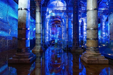 Light show in the historic Theodosius Cistern Serefiye Sarnici in Istanbul, Turkey