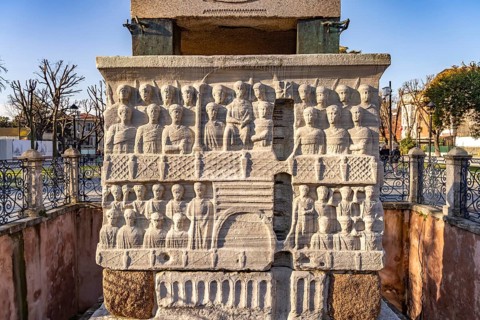 Marble base of the ancient Egyptian Obelisk of Theodosius or Obelisk of Istanbul with reliefs on
