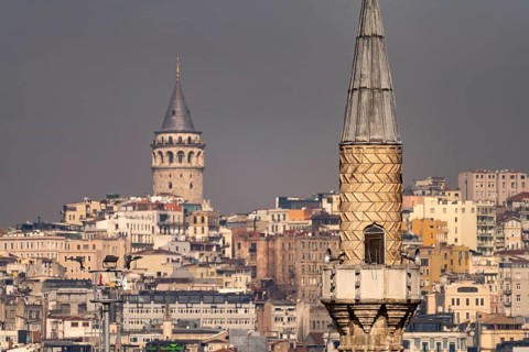 Minaret of the Tibbiye Mosque, Beyoglu and the Galata Tower, Istanbul, Turkey