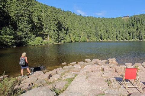 Lake landscape and empty deckchairs with tourist on the lakeshore, mountain, forest, Karsee,
