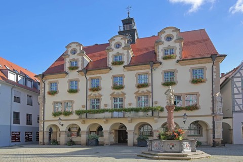 Town hall built in 1927 with dormer windows and market fountain, half-timbered house, Sigmaringen,