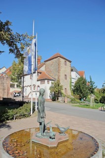 Gänselieselbrunnen by Helmut Waldherr 1981 and local history museum with historical fortified