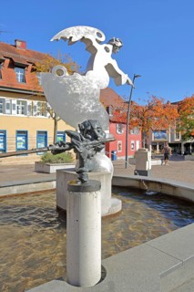 Sculpture guardian angel Angel by Jürgen Goertz and Flute Player by Karel Fron, 2008, modern art,
