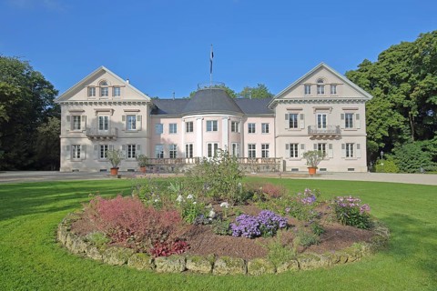 Classicist Villa Eugenia built in 1787, ornamental garden, flower bed, princely garden, Hechingen,