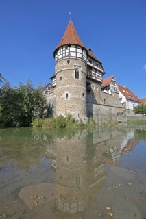 Zollern Castle built around 1255 with water tower on the Eybach stream, half-timbered house,