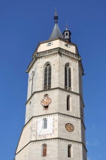 Tower of the late Gothic town church with sundial and clocks, church tower, landmark, Balingen,