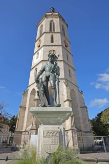 Market fountain with medieval knight figure, Württemberg coat of arms shield with sword, bronze