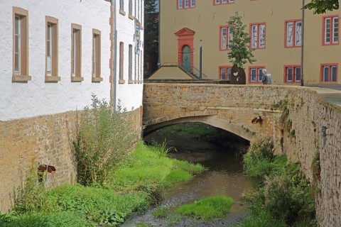 Brewery with stone arch bridge for the Erft and St Michael's Grammar School, market, Bad