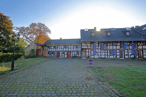 Half-timbered house in the inner courtyard of the Kleeburg castle built in the 14th century, moated