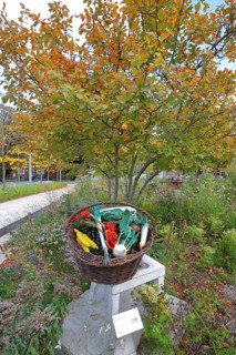 Sculpture market basket with chair by Thomas Schmidt, modern art, metal design, metalworking, steel