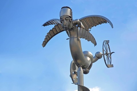 Sculpture Birdman by Albert Sous, modern art, abstract art, stainless steel, metal sculpture,