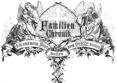 Cover picture family chronicle with happy and mourning angels, baby, and funeral wreath, symbols