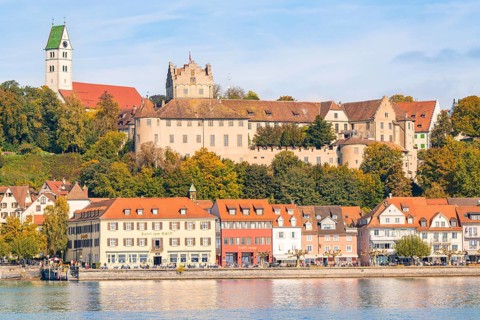 Historic castle above a lakeside town with colourful roofs, Meersburg, Lake Constance, Germany