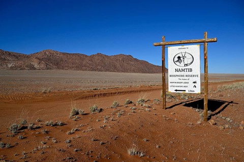 Namtib Biosphere Reserve sign on the D707, Tiras Mountains, Karas Region, Namibia